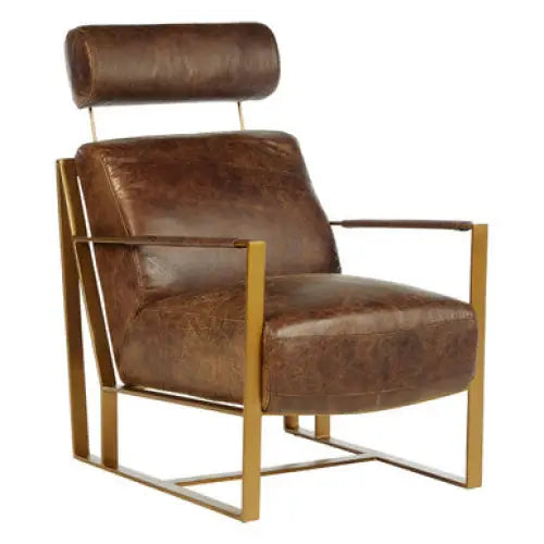 Hoxton Brown Leather Lounge Chair With Rose Gold Iron Frame - Arm Chair