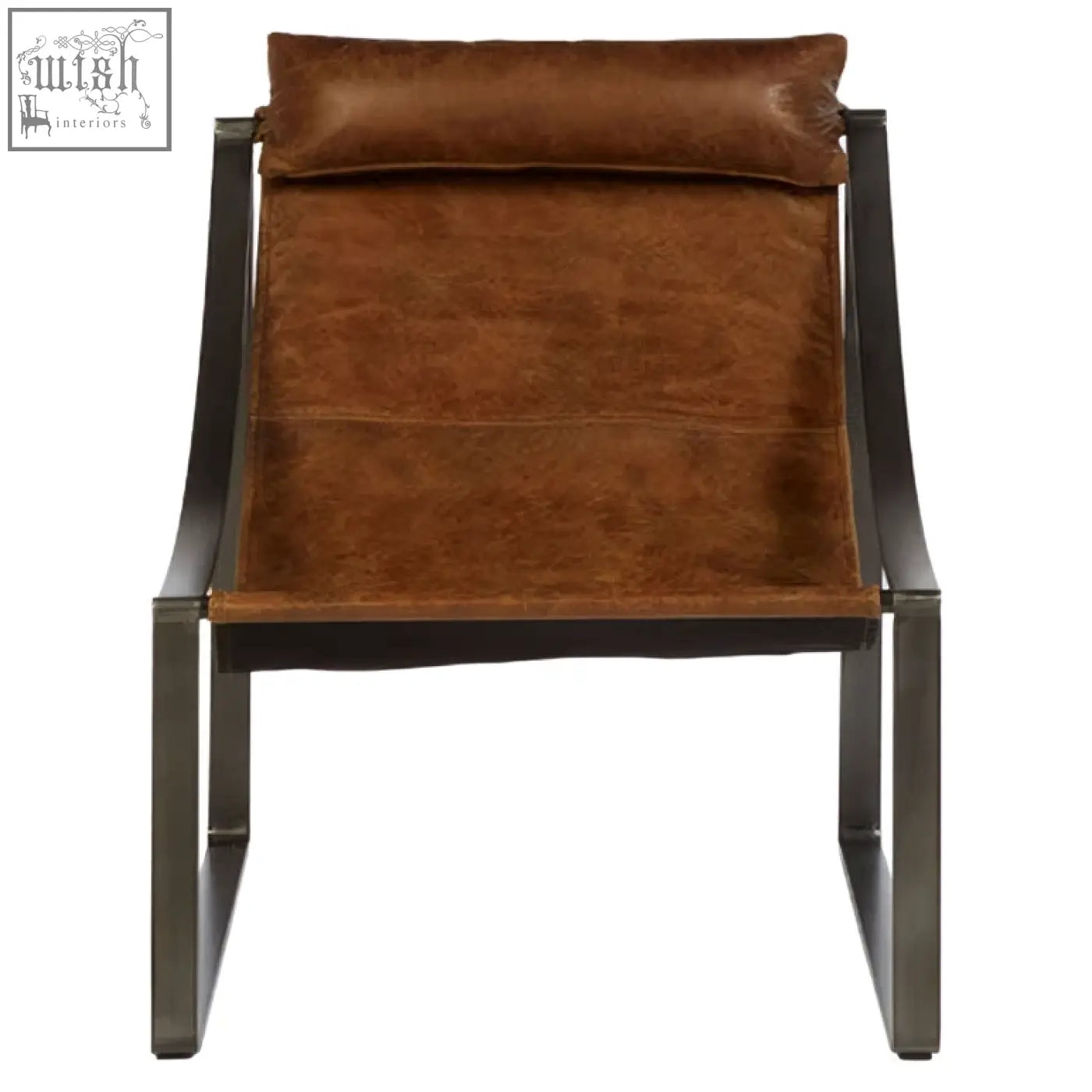 Brown leather hoxton sling chair with light brown cushion and sleek metal frame for stylish lounging