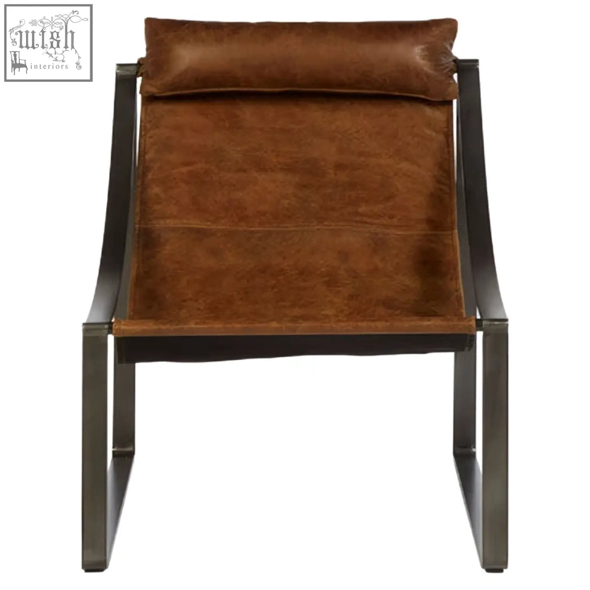 Brown leather hoxton sling chair with light brown cushion and sleek metal frame for stylish lounging