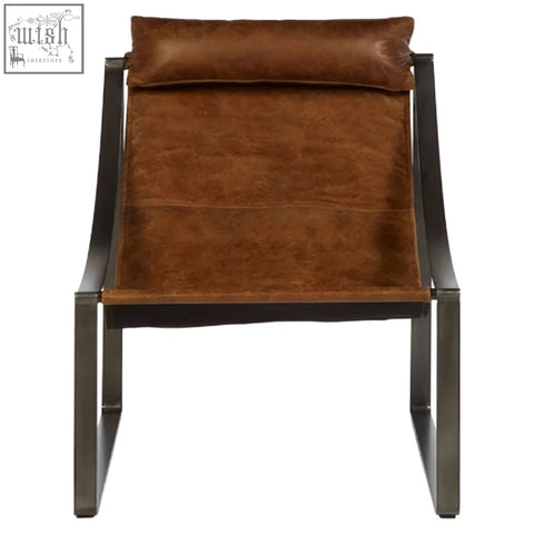 Brown leather hoxton sling chair with light brown cushion and sleek metal frame for stylish lounging