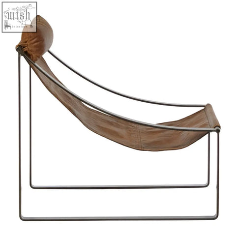Hoxton genuine light brown leather sling chair with brown leather hammock style seat and metal frame