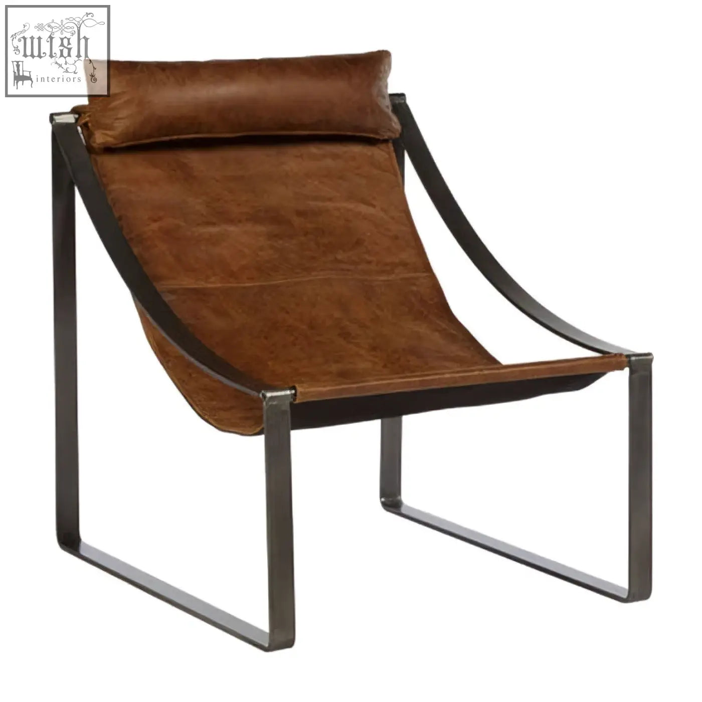 Hoxton genuine light brown leather sling chair with brown leather seat and sleek black metal frame for lounging