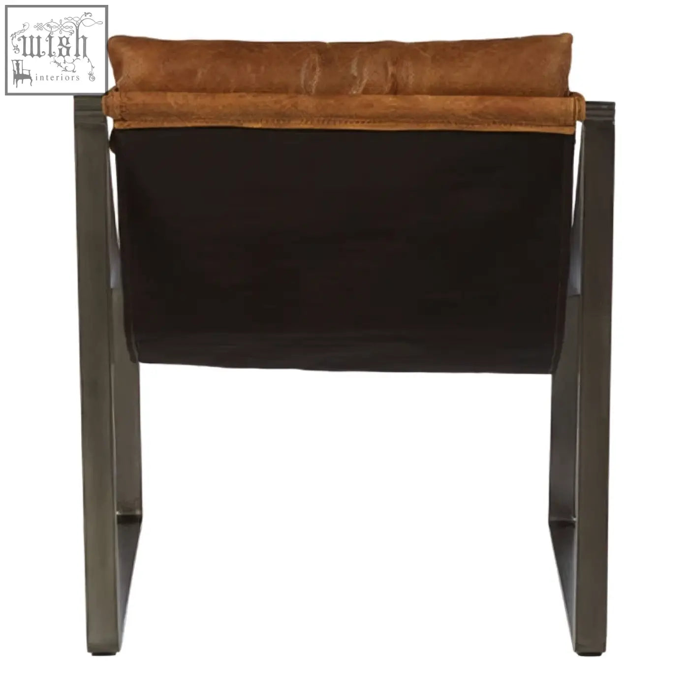 Hoxton genuine light brown leather sling chair with brown leather cushioned backrest on dark metal frame