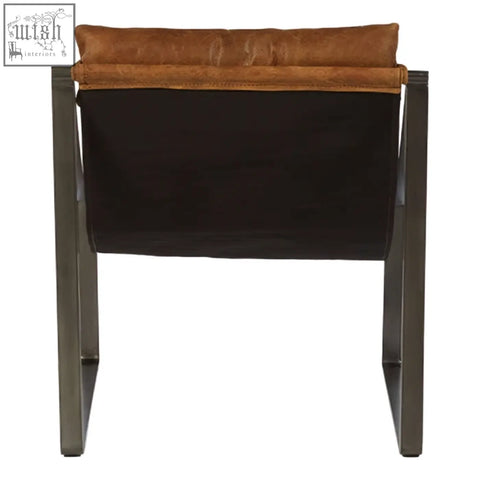 Hoxton genuine light brown leather sling chair with brown leather cushioned backrest on dark metal frame