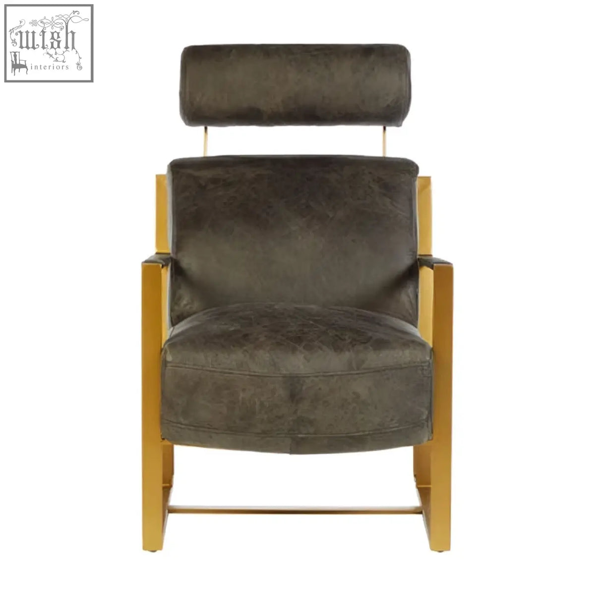 Hoxton grey leather lounge chair with sleek grey velvet upholstery and polished gold finish metal frame