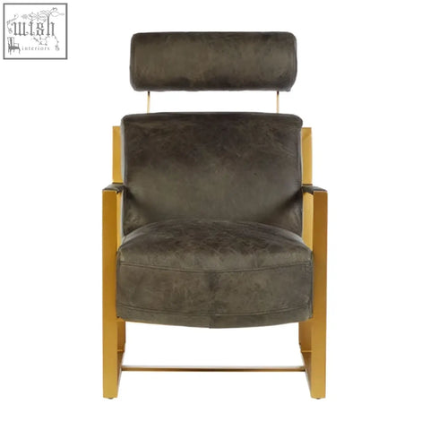 Hoxton grey leather lounge chair with sleek grey velvet upholstery and polished gold finish metal frame