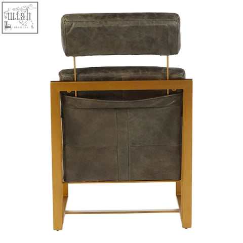 Hoxton grey leather lounge chair with dark grey leather and a stylish gold finish metal frame