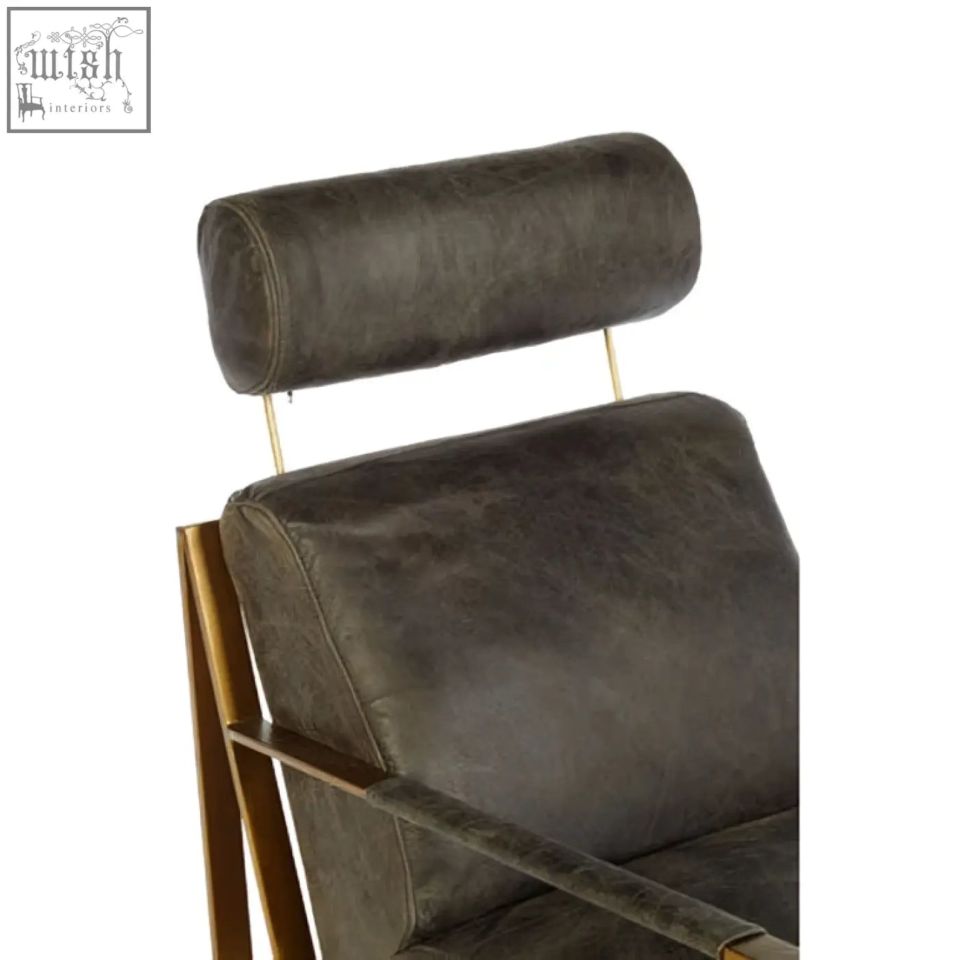 Dark brown distressed leather hoxton grey leather lounge chair with cylindrical headrest and gold finish frame