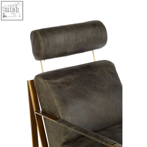 Dark brown distressed leather hoxton grey leather lounge chair with cylindrical headrest and gold finish frame