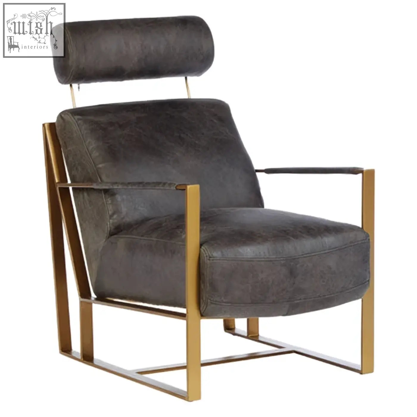 Hoxton grey leather lounge chair with grey leather upholstery and gold finish metal frame for stylish seating