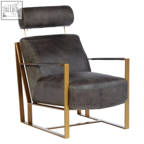 Hoxton grey leather lounge chair with grey leather upholstery and gold finish metal frame for stylish seating
