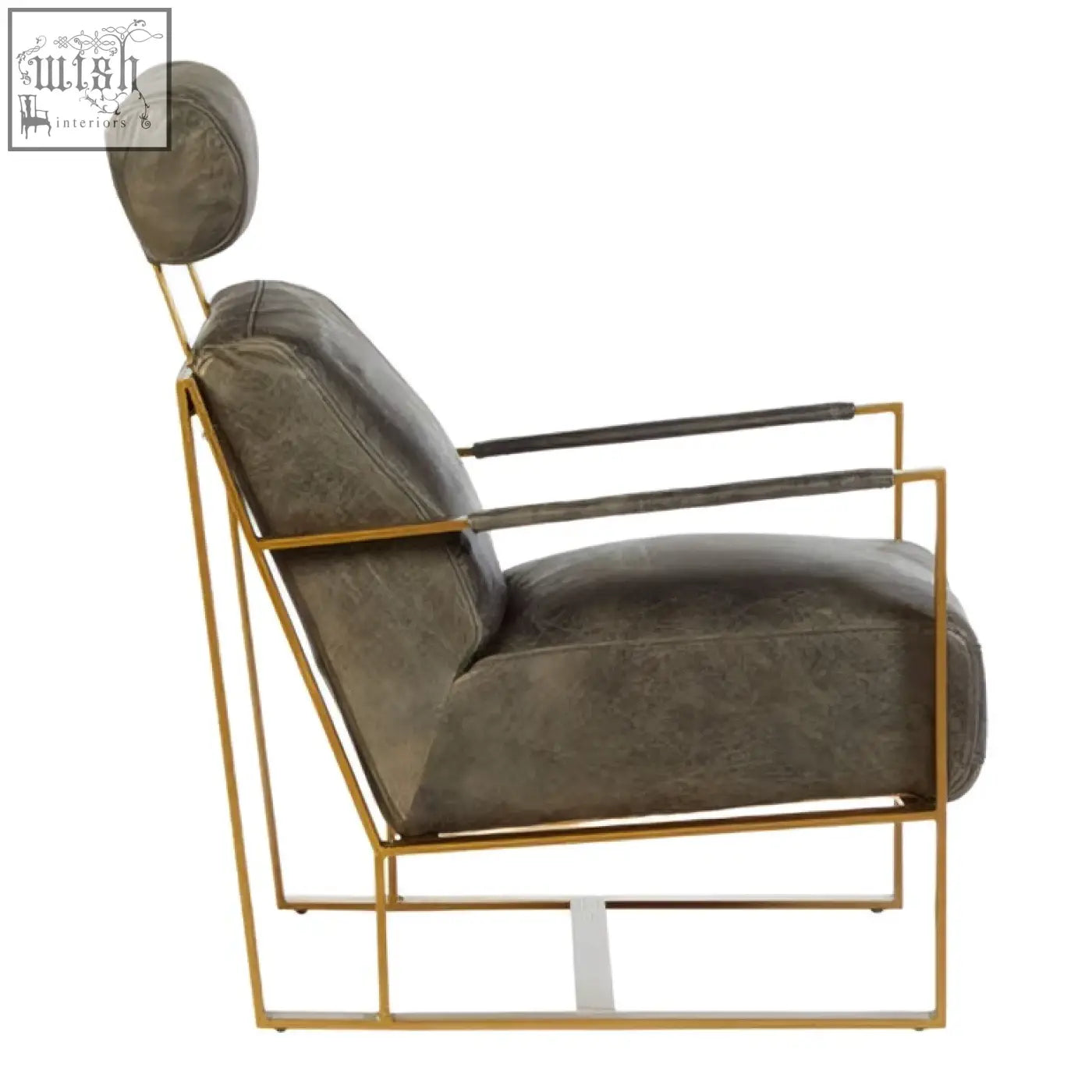 Hoxton grey leather lounge chair with plush olive green upholstery and sleek gold finish metal frame