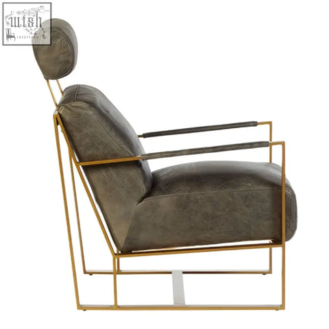 Hoxton grey leather lounge chair with plush olive green upholstery and sleek gold finish metal frame