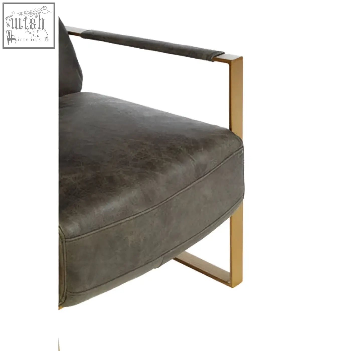 Hoxton grey leather lounge chair featuring dark gray leather and a sleek gold finish metal frame