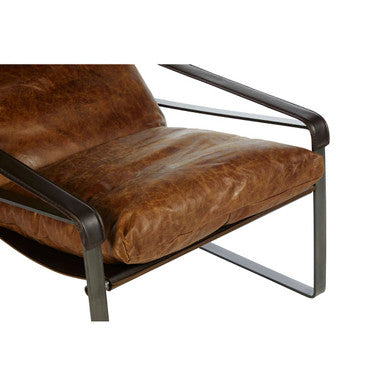 Hoxton light brown leather lounge chair with sleek black metal frame and soft light brown leather upholstery