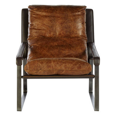 Hoxton light brown leather lounge chair with cushioned seat and backrest and dark metal legs in light brown leather