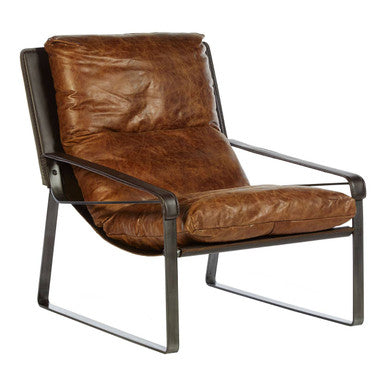 Hoxton light brown leather lounge chair with a sleek black metal frame and smooth light brown leather upholstery