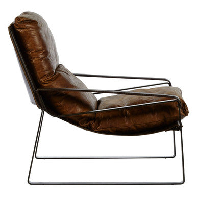 Hoxton light brown leather lounge chair with sleek black metal frame in light brown leather upholstery