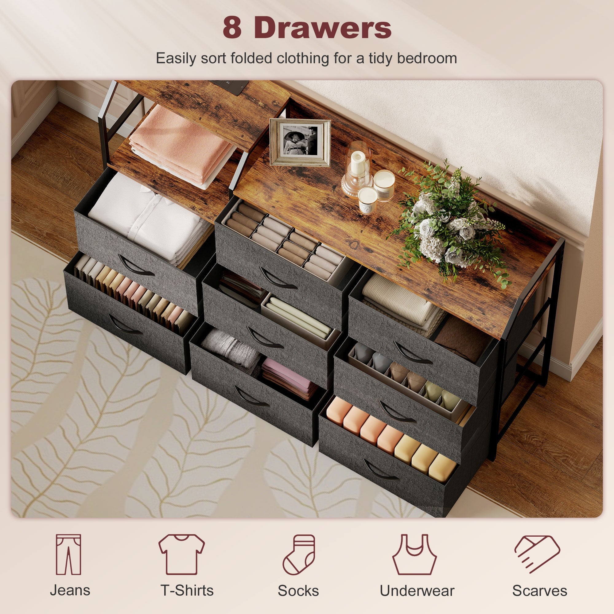 HOMCOM Chest of Eight Drawers, with Charging Station - Brown/Black