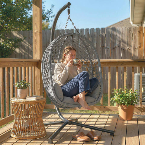 Outsunny Hanging Egg Chair, Indoor Outdoor Rattan Hammock Swing Chair with Stand, Safety Strap, Foldable Basket, Dark Grey