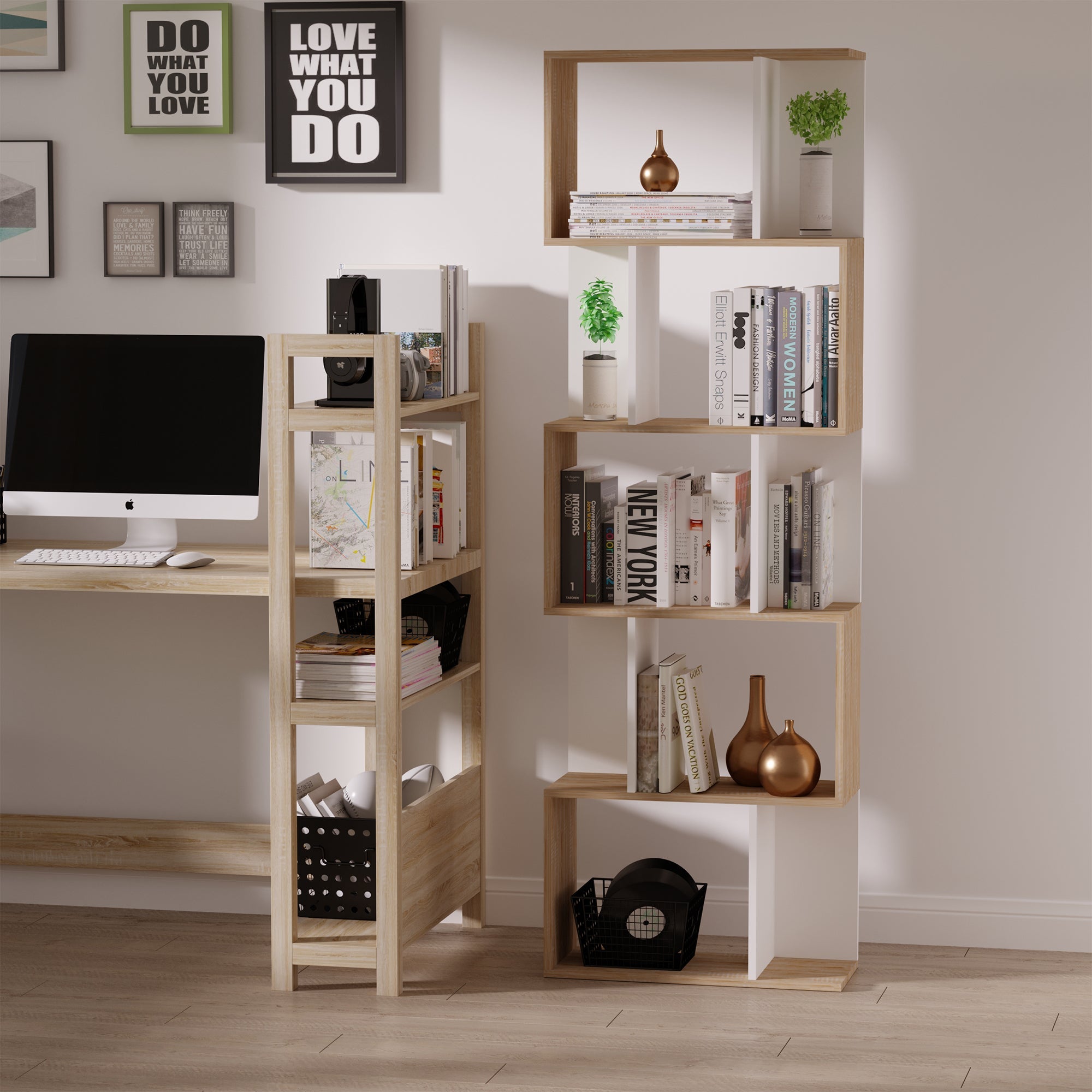 HOMCOM 5-tier Bookcase Storage Display Shelving S Shape design Unit Divider Natural