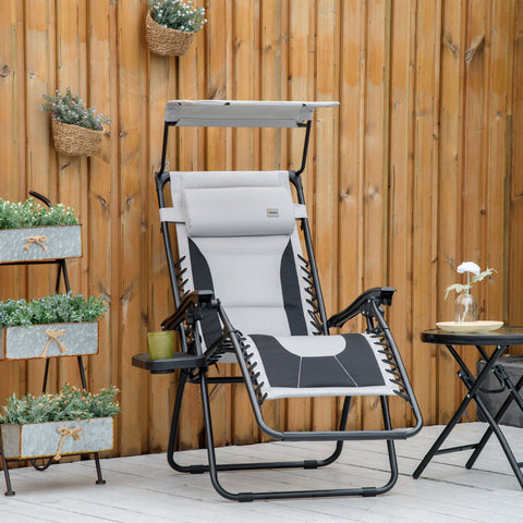 Outsunny Zero Gravity Lounger Chair, Folding Reclining Patio Chair with Shade Cover, Padded Seat, Cup Holder, Soft Cushion and Headrest for Poolside, Camping, Grey