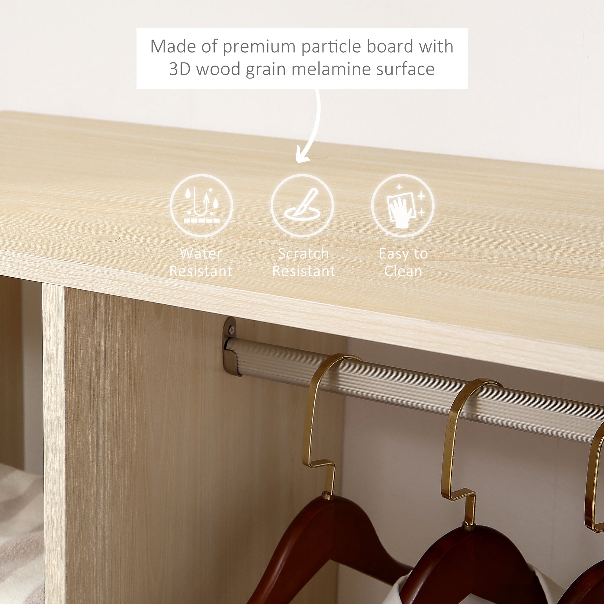 HOMCOM Open Wardrobe on Wheels, Bedroom Wardrobe with Clothes Hanging Rail, 3 Storage Shelves, Mobile Garment Rack for Cloakroom, Hallway, Maple Wood-Effect