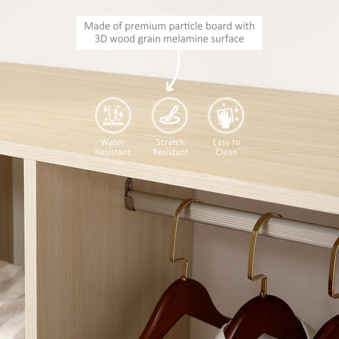 HOMCOM Open Wardrobe on Wheels, Bedroom Wardrobe with Clothes Hanging Rail, 3 Storage Shelves, Mobile Garment Rack for Cloakroom, Hallway, Maple Wood-Effect