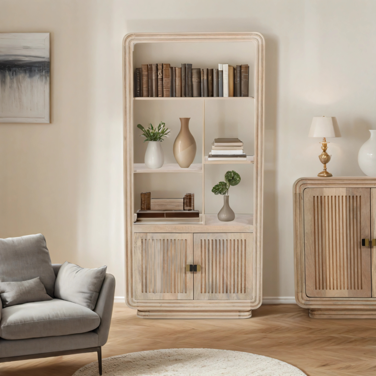 Beige hudson carved mango wood bookcase with vertical slat doors and open shelves displaying books and decor