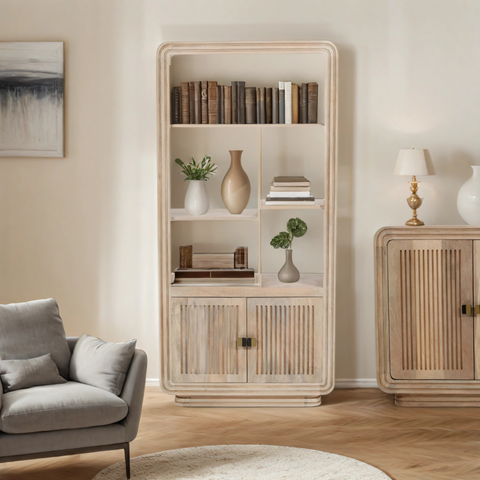 Beige hudson carved mango wood bookcase with vertical slat doors and open shelves displaying books and decor
