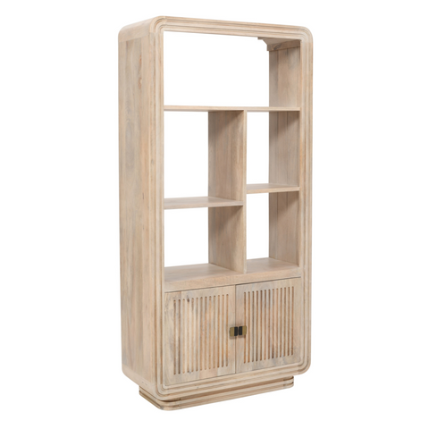 Light-colored hudson carved mango wood bookcase with modern geometric open shelves and louvered doors at the bottom