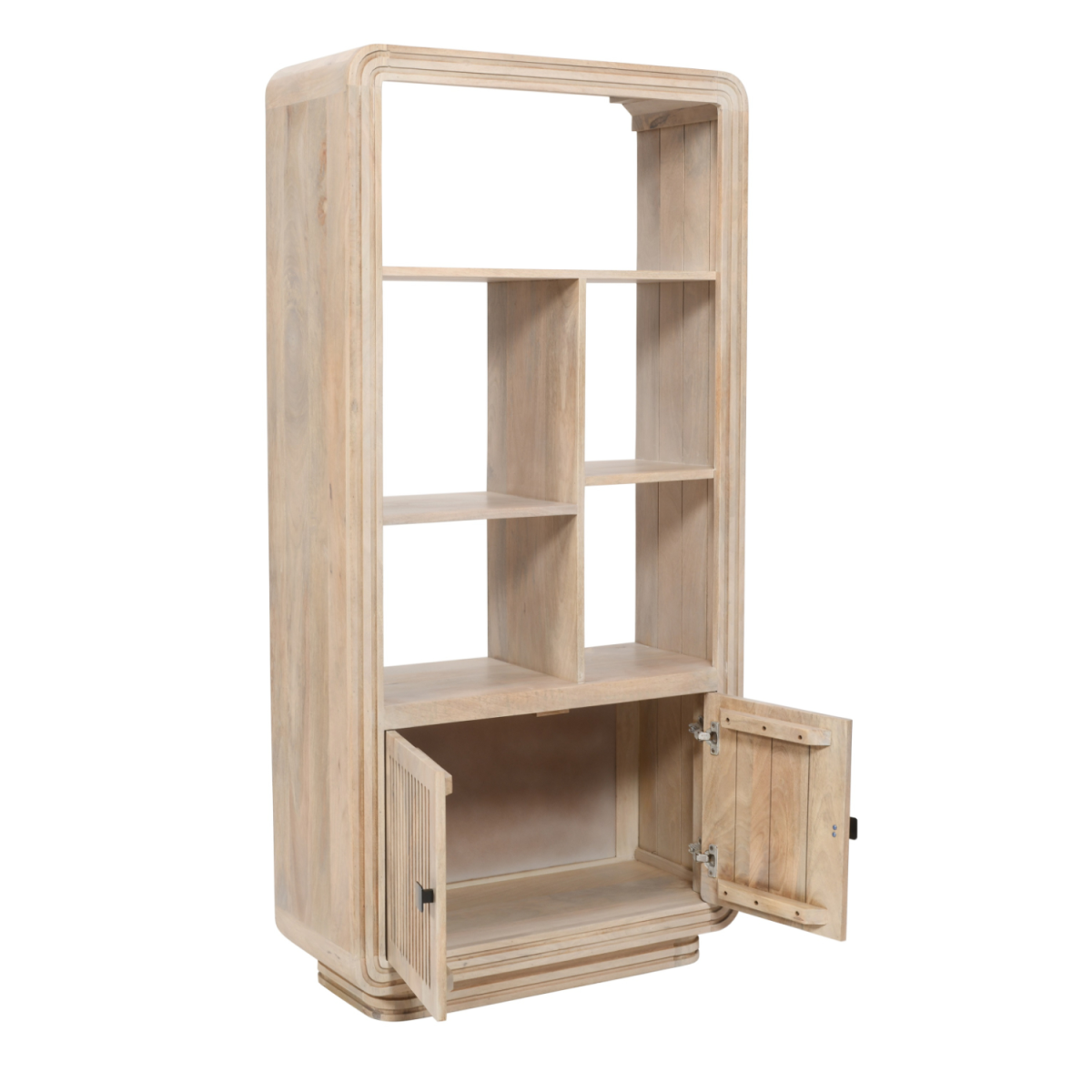 Light-colored hudson carved mango wood bookcase with modern curved design and two doors at the bottom
