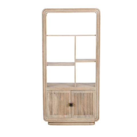 Light-colored hudson carved mango wood bookcase with modern minimalist design and open shelves with slatted doors
