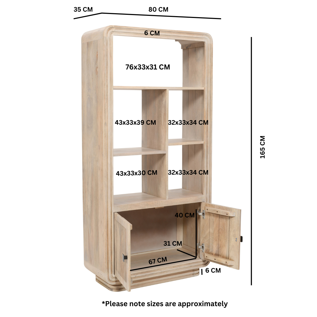Light-colored hudson carved mango wood bookcase with open shelves and lower cabinet door in a minimalist design