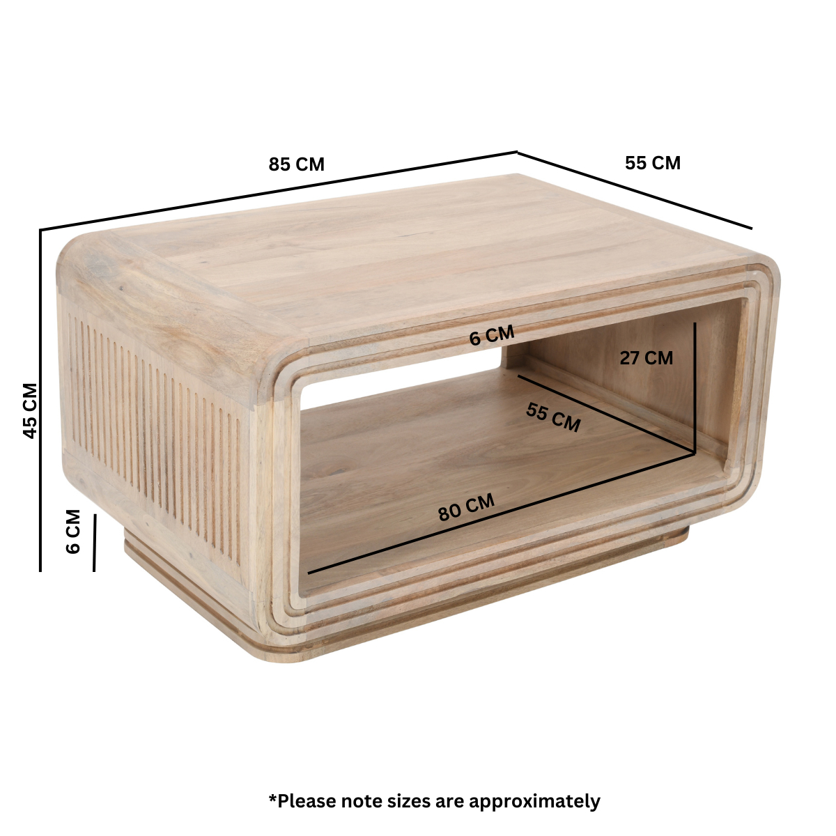 Light-colored hudson carved mango wood coffee table with rectangular open shelf and vertical slats on side panels