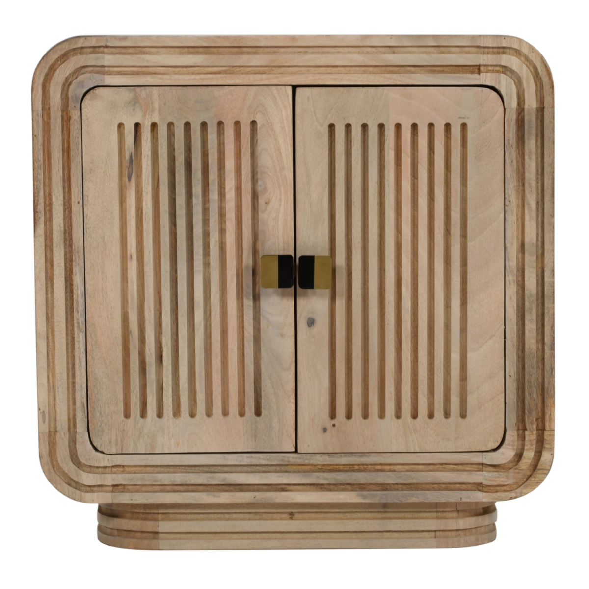 Light-colored hudson carved mango wood mini sideboard with vertical slats and black and gold handles