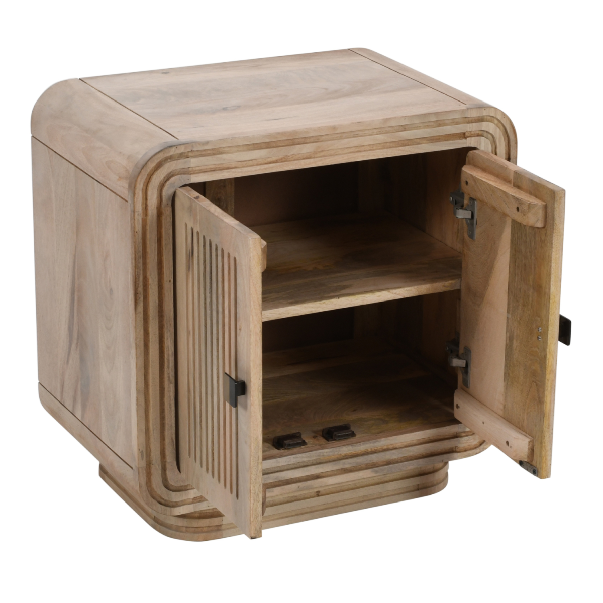 Light-colored hudson carved mango wood mini sideboard with curved art deco design and two open doors showing shelves