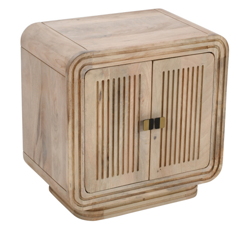 Light-colored carved mango wood mini sideboard with vertical slats and gold-tone hardware hudson carved mango wood