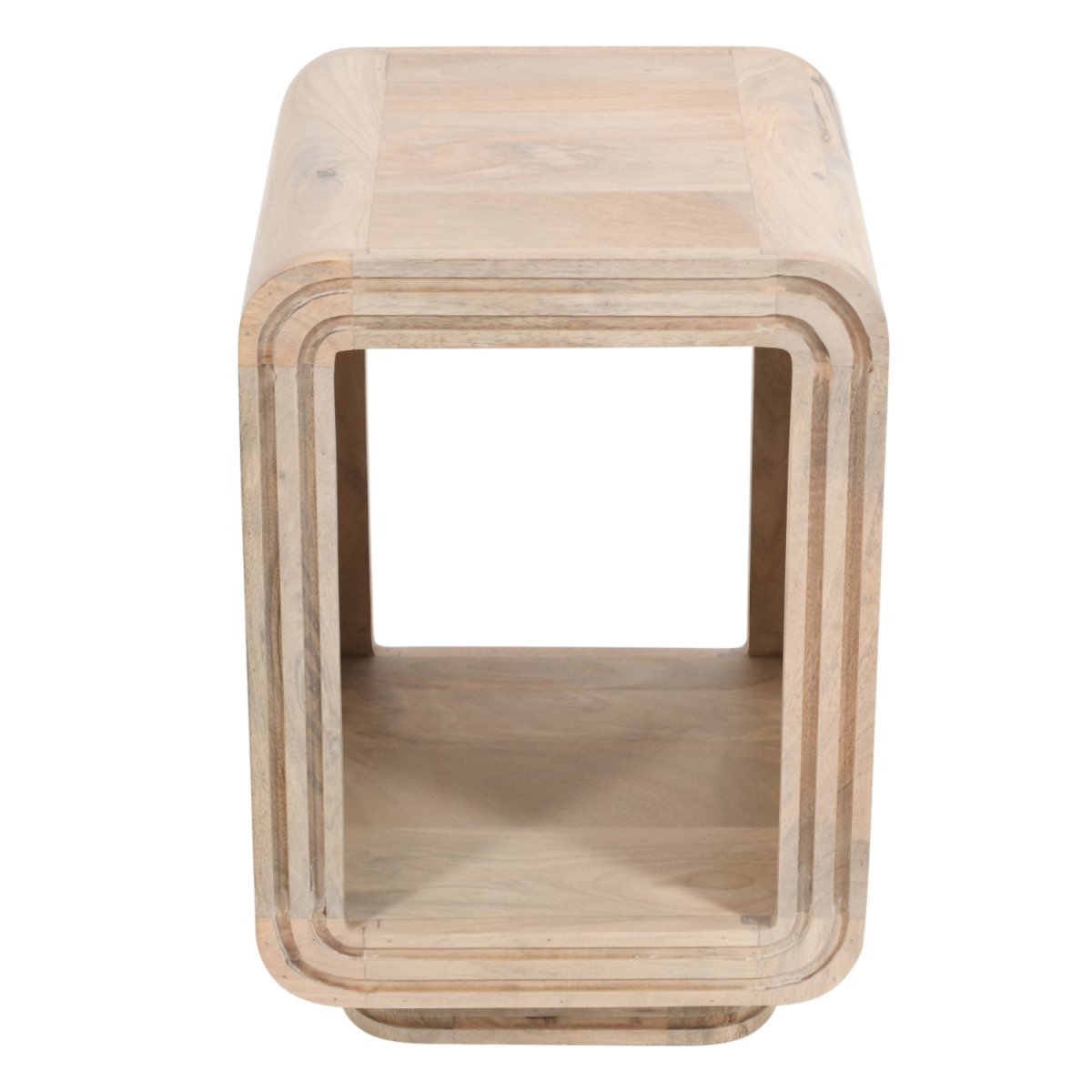 Light-colored wooden side table with modern layered square design made of carved mango wood hudson carved mango wood