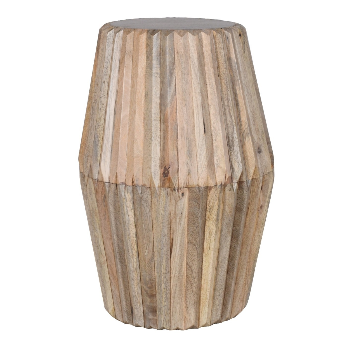Rustic barrel-shaped hudson carved mango wood side table with vertical slats and a natural light brown finish