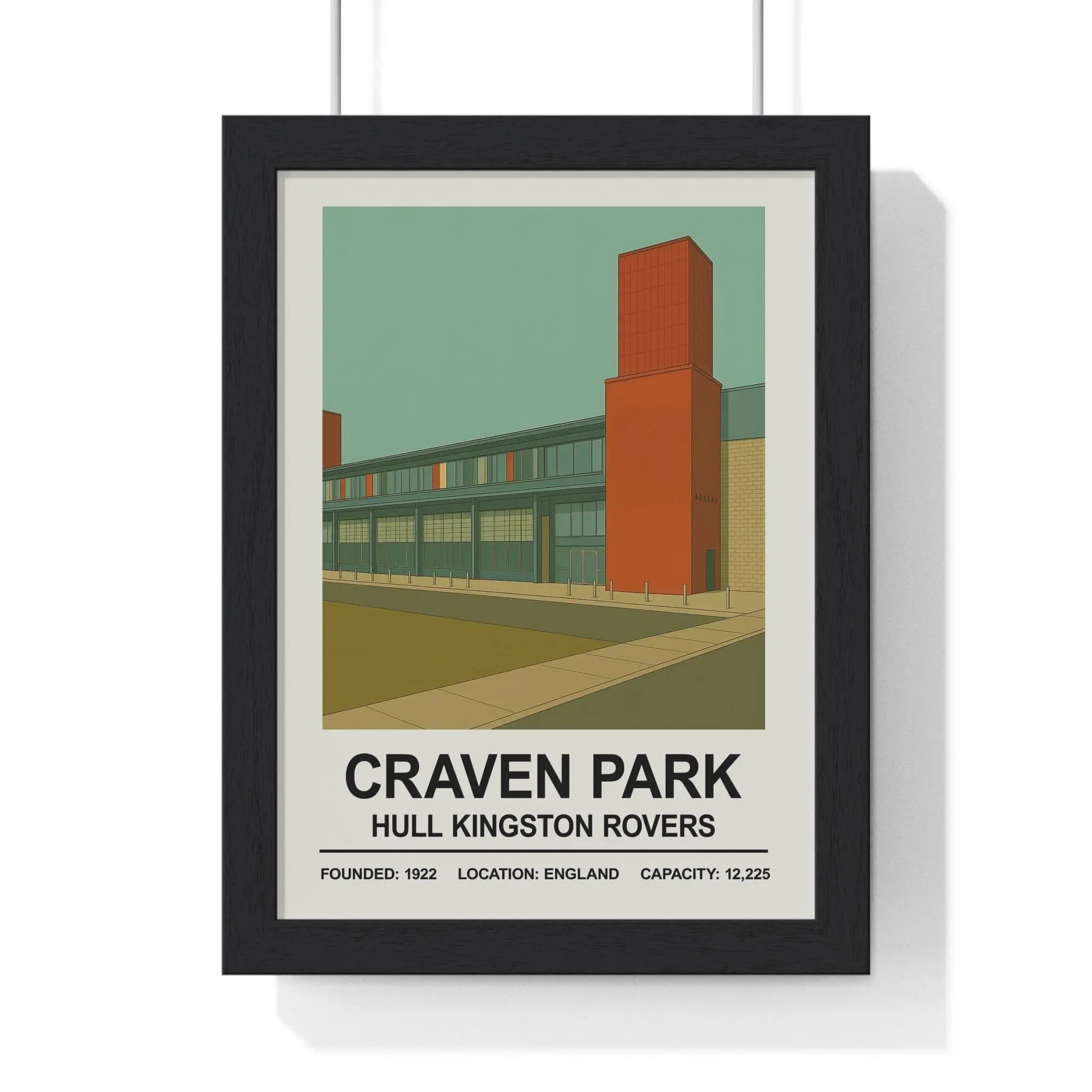 Black-framed hull kingston rovers craven park stadium print with orange and green stylized architectural illustration