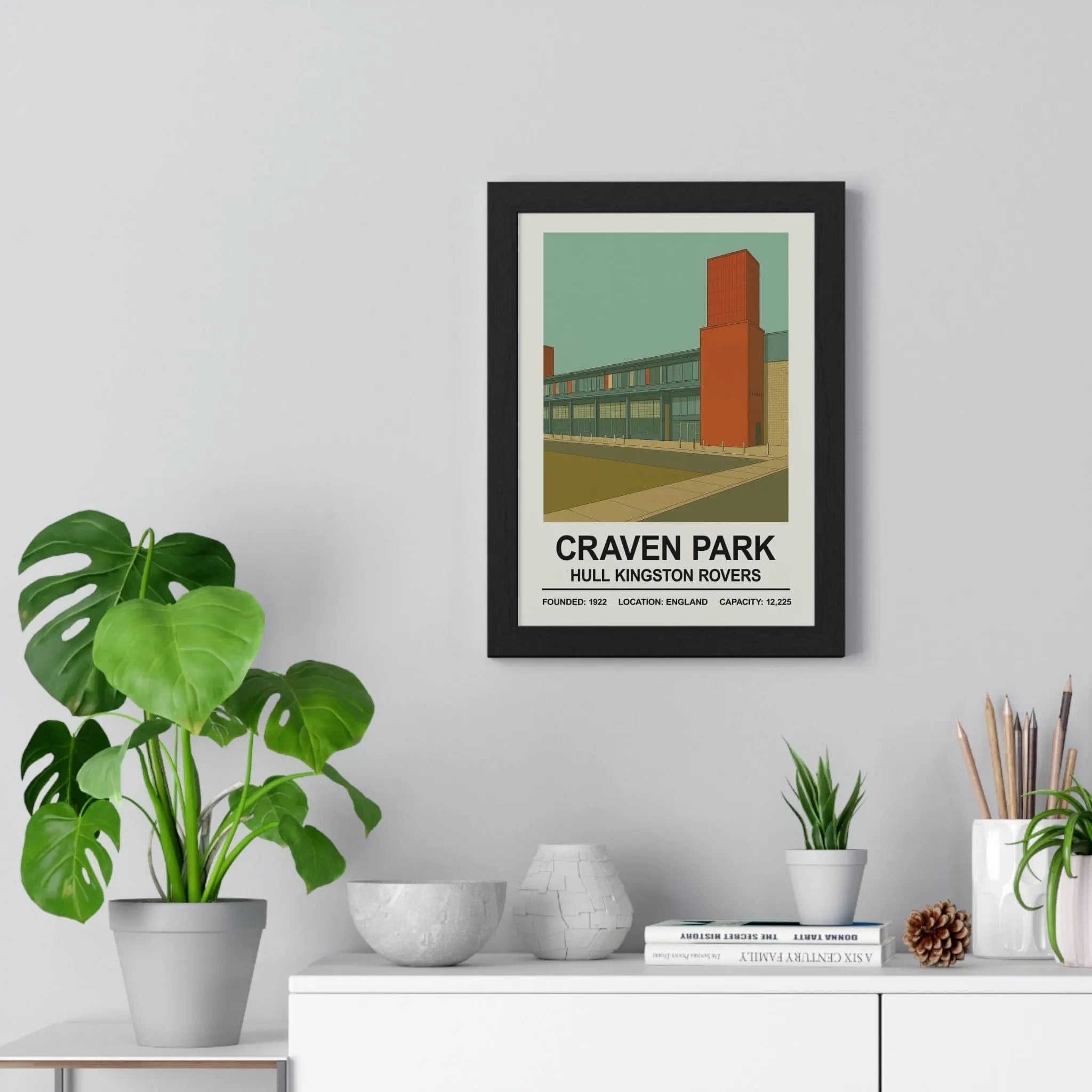 Black-framed poster featuring a stylized craven park stadium print with orange and green for hull kingston rovers fans