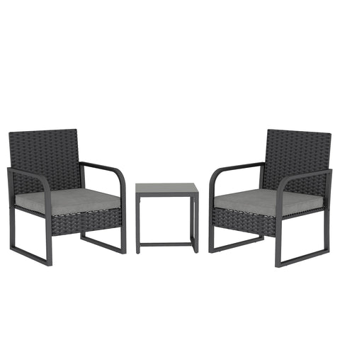 Outsunny Rattan Bistro Set, 3 Piece Garden Furniture Set with Cushions and Glass Top Table, Black