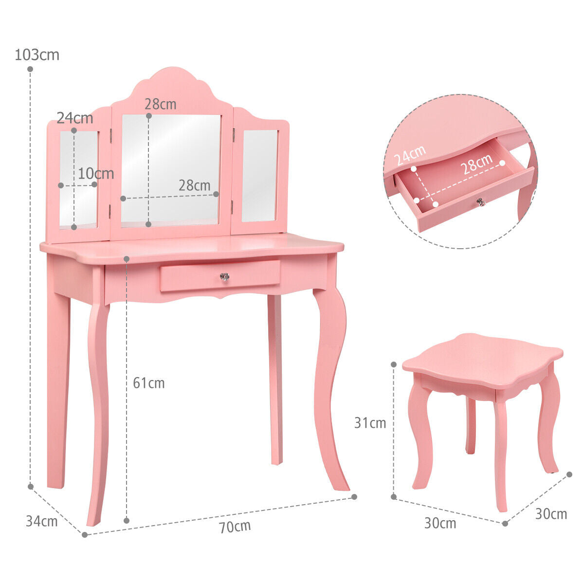Kids Wooden Vanity Table and Stool Set with Detachable Top Folding Mirrors-Pink