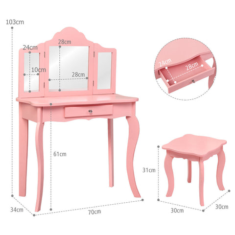 Kids Wooden Vanity Table and Stool Set with Detachable Top Folding Mirrors-Pink