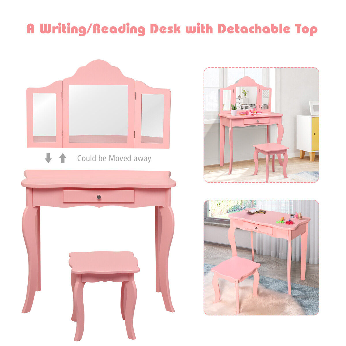Kids Wooden Vanity Table and Stool Set with Detachable Top Folding Mirrors-Pink