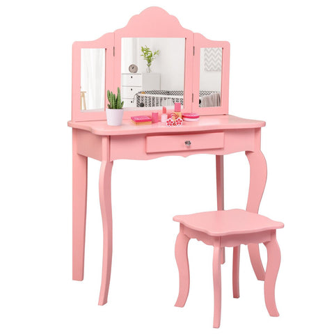 Kids Wooden Vanity Table and Stool Set with Detachable Top Folding Mirrors-Pink