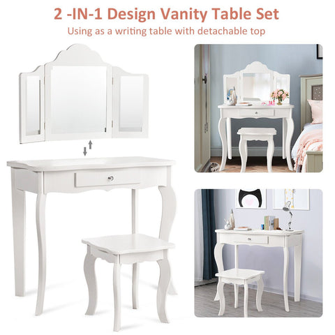 Kids Wooden Vanity Table and Stool Set with Detachable Top Folding Mirrors-Pink
