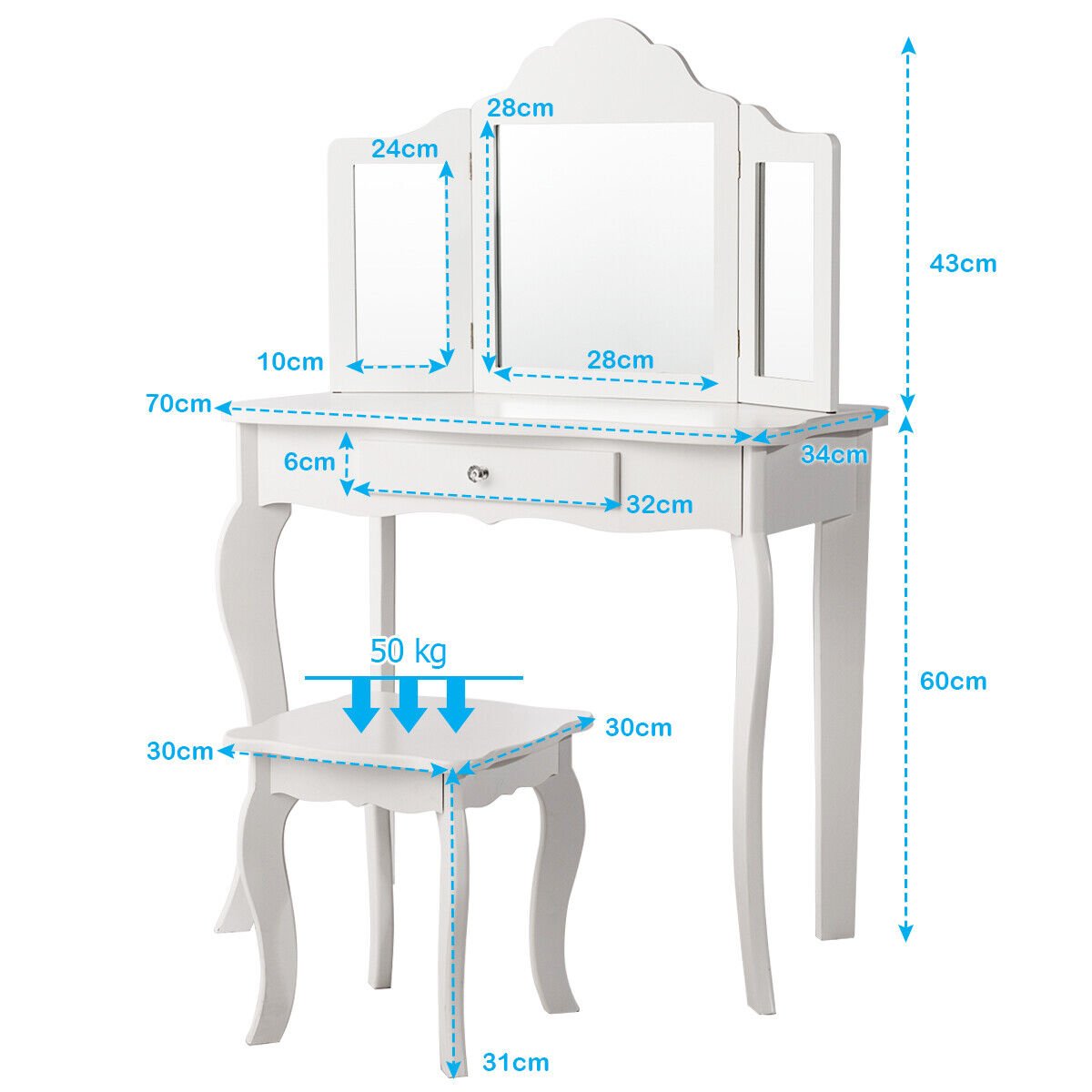 Kids Wooden Vanity Table and Stool Set with Detachable Top Folding Mirrors-Pink