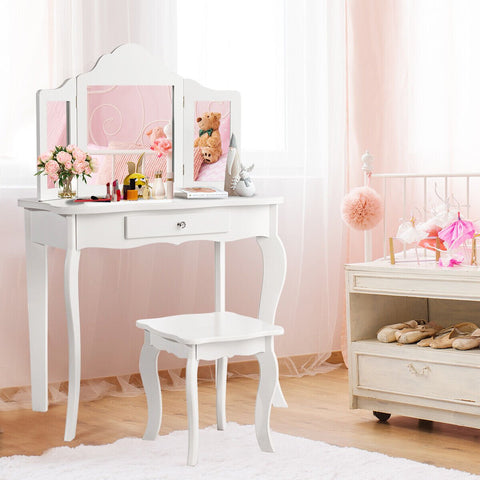 Kids Wooden Vanity Table and Stool Set with Detachable Top Folding Mirrors-Pink